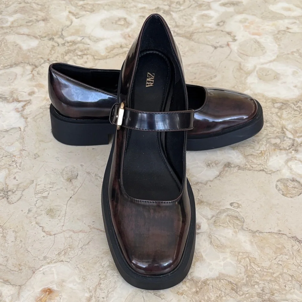 ZARA Burgundy Patent Mary Jane Platform Loafers – Chunky Sole - Picture 2 of 10